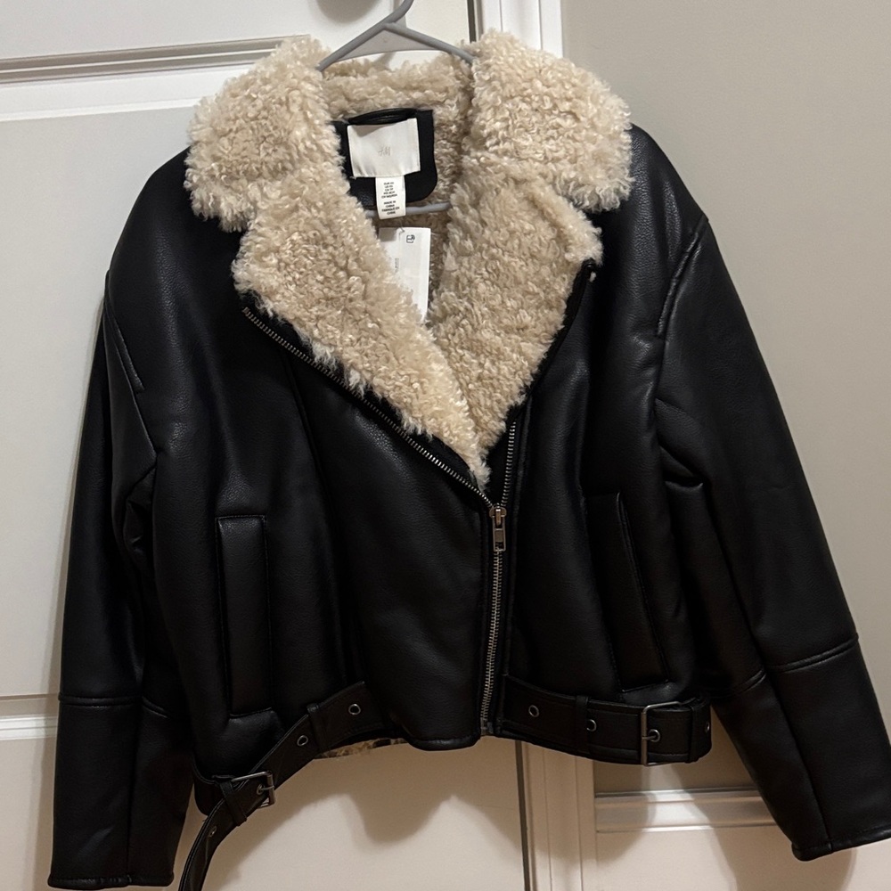 H&M Black Leather Jacket with Cream Shearling